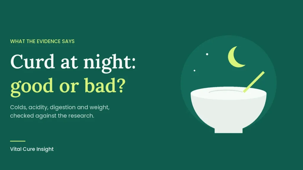 A bowl of curd under a crescent moon with the headline curd at night good or bad