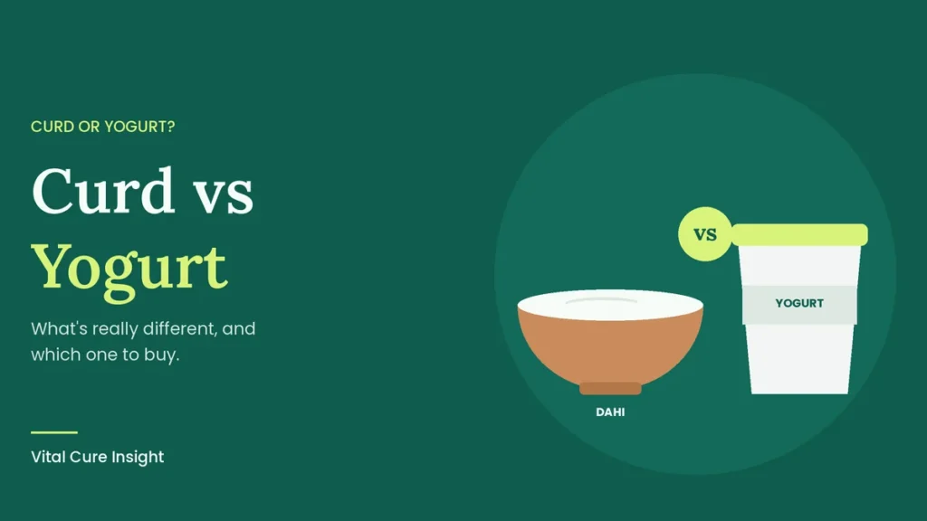 Illustration of a clay bowl of dahi next to a yogurt cup, showing the difference between curd and yogurt
