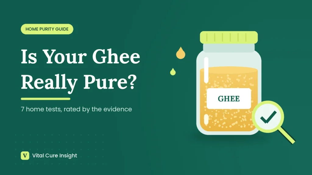 Illustration of a jar of grainy golden ghee with a magnifying glass, for a guide on how to check purity of ghee at home