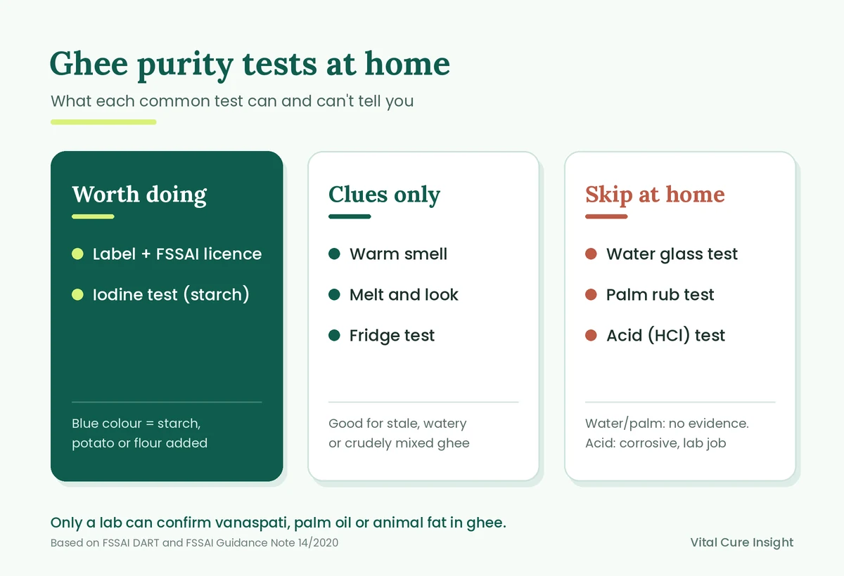 Chart sorting ghee purity tests at home into worth doing, clues only and skip at home