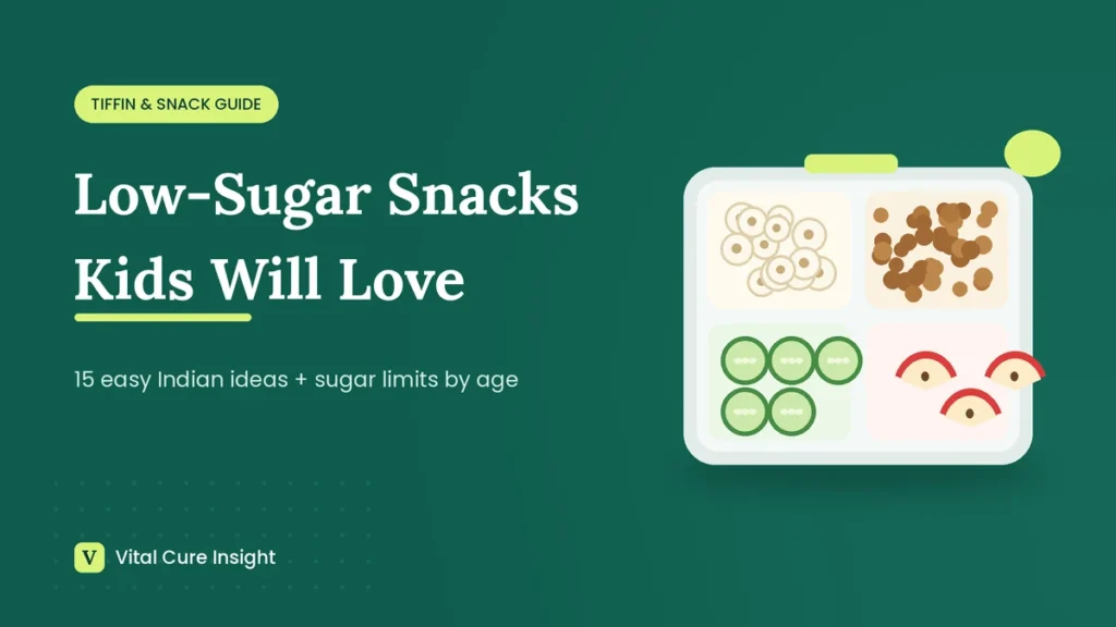 Illustration of a steel tiffin box with makhana, roasted chana, cucumber and apple, showing healthy low-sugar snacks for kids