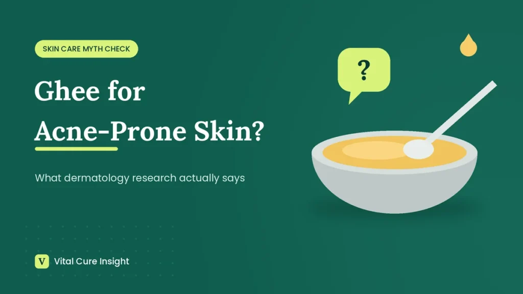 Illustration of a katori of ghee with a spoon and a question mark, for an article on whether ghee is good for acne-prone skin